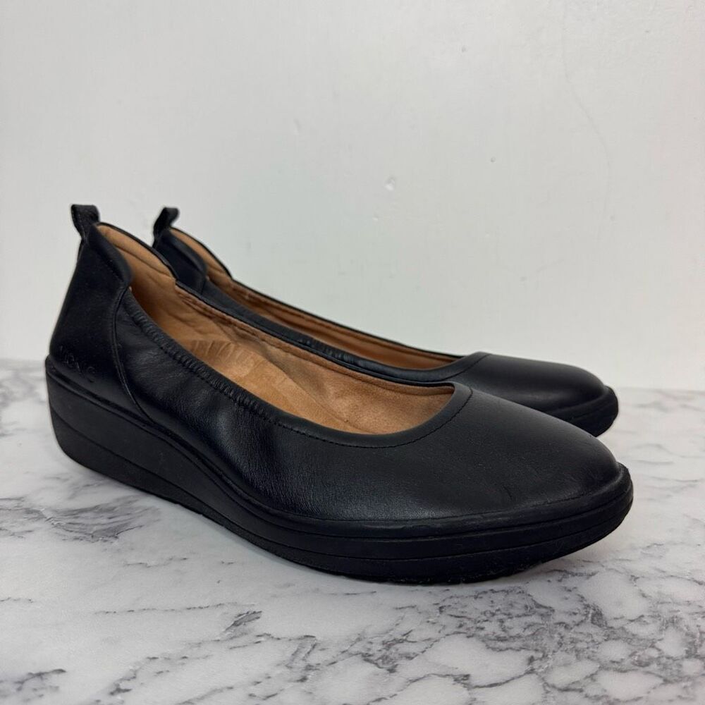 Vionic Black Leather Jacey Slip on Wedges 10